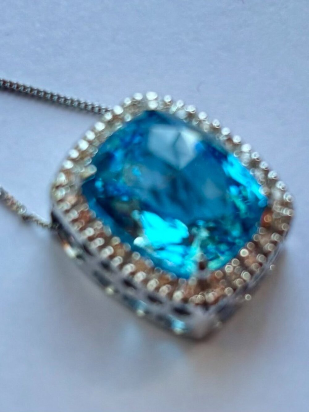 London Blue Topas and Diamonds Halo style 14k white gold Pendant with chain - Picture 7 of 9